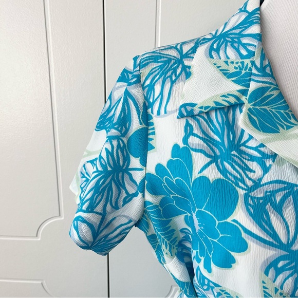 Vintage Blue Tropical Print Short Sleeve Summer Dress 70s - Picture 3 of 6